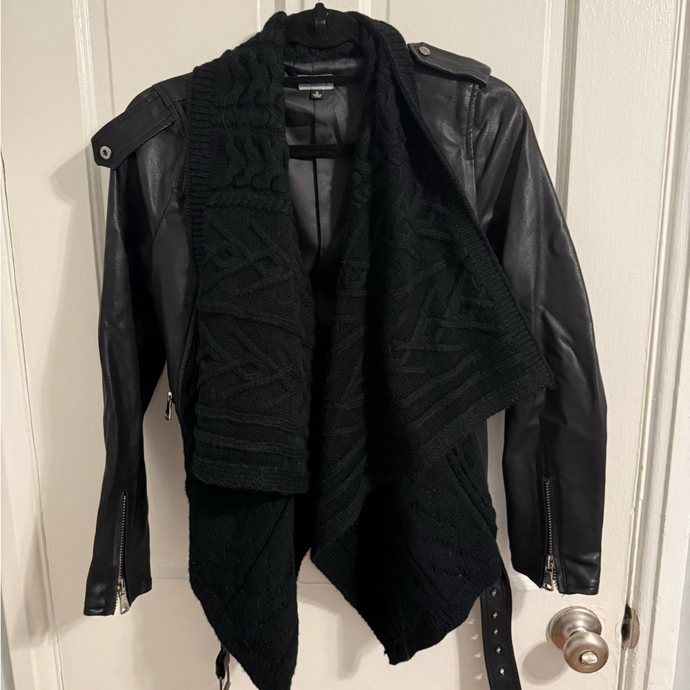 Abbeline Black Leather Jacket with Knit Detail